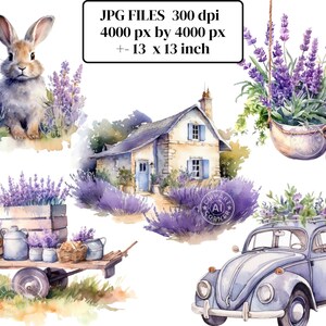 May include: A watercolour illustration set featuring a cute bunny rabbit, a small cottage with lavender bushes, a hanging pot of lavender, a vintage car with lavender flowers on the roof, and a wooden wagon with lavender plants and watering cans.