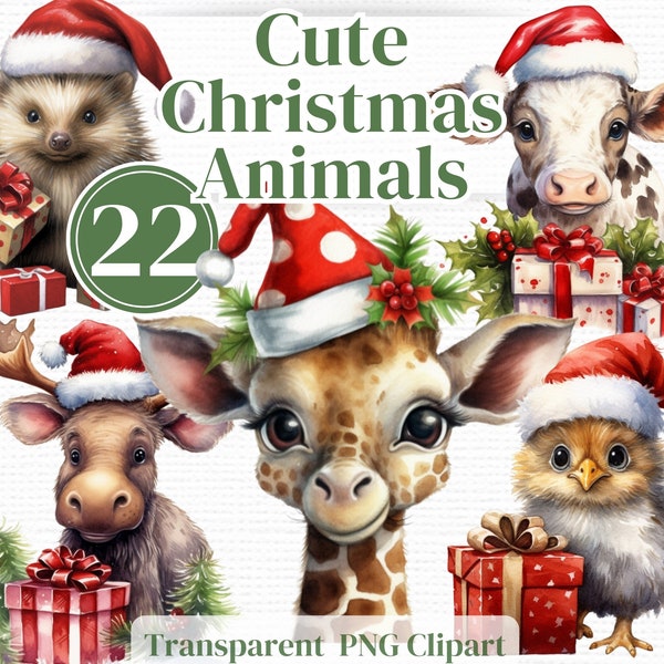 Cute Baby Christmas Animals Png Clipart - Watercolor Winter bundle -  For Junk Journals, Invitations, Sublimation, Small wall art etc