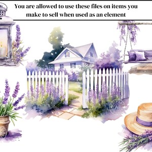 May include: A watercolour illustration of a white picket fence with lavender bushes growing along the bottom. There is a white house in the background with a porch swing hanging from the porch. A straw hat with a purple ribbon sits on the ground with lavender flowers growing around it.