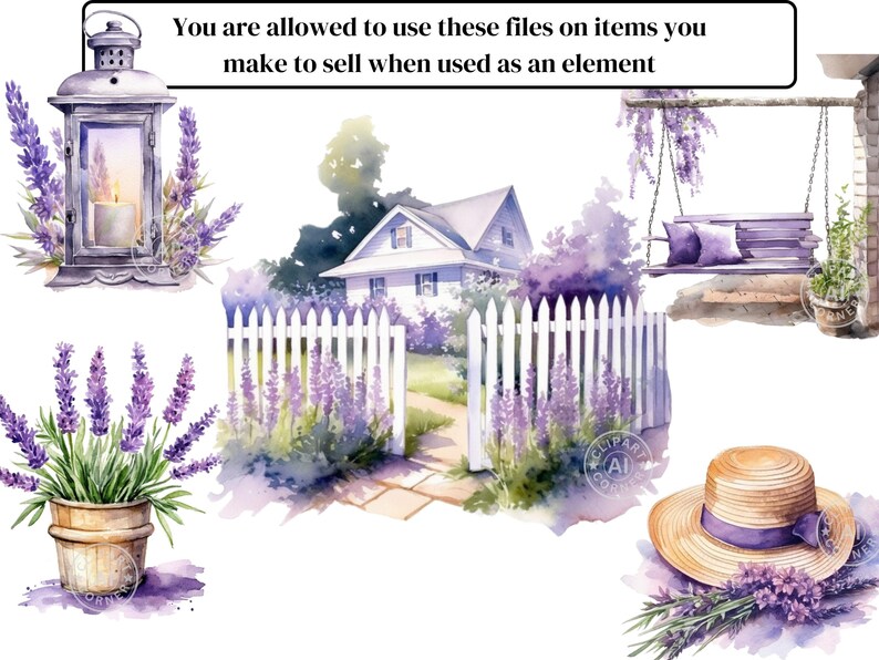 May include: A watercolour illustration of a white picket fence with lavender bushes growing along the bottom. There is a white house in the background with a porch swing hanging from the porch. A straw hat with a purple ribbon sits on the ground with lavender flowers growing around it.