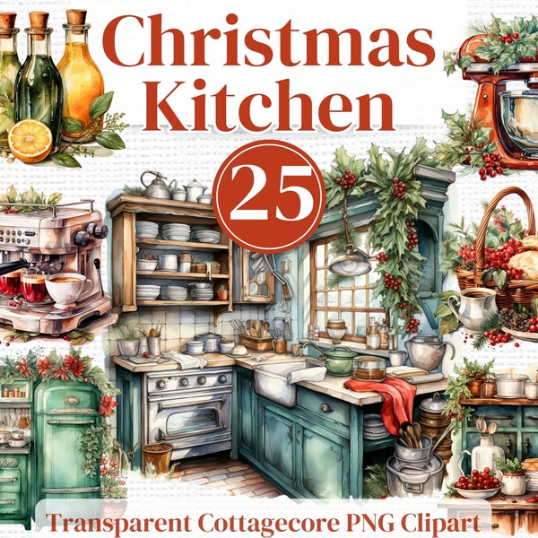 Rustic Christmas Kitchen Png Clipart -  Cottagecore Watercolor bundle -  Junk Journals Invitations Sublimation etc