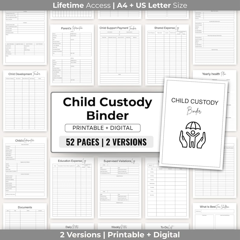 May include: A white printable and digital Child Custody Binder with 52 pages and 2 versions. The binder includes forms for child development, parent's information, and shared expenses. The cover features a graphic of a child under an umbrella.