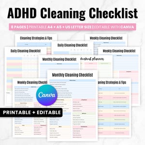 Editable ADHD Cleaning Checklists, Cleaning Tips and Strategies & Speed-Cleaning Printable Guide, Daily, Weekly, Monthly Cleaning Schedule