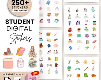 250+ Student Digital Stickers for GoodNotes and PNG | School & Study Stickers | Pre-Cropped + Free Digital Planner