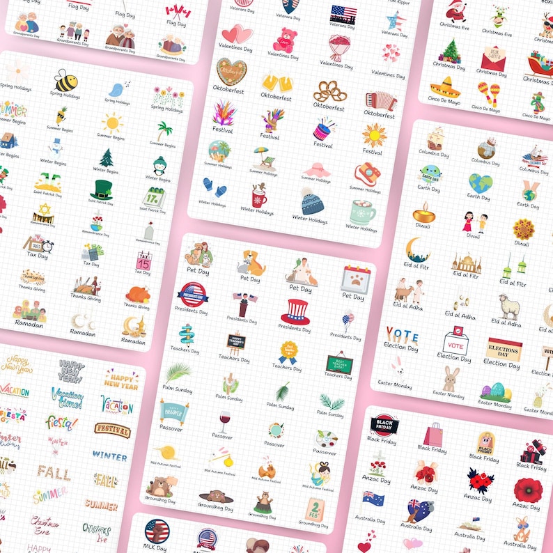 May include: A collection of colorful digital illustrations featuring various holidays and events throughout the year. The illustrations are arranged in a grid pattern on a pink background. Each illustration includes a unique design and text label, such as "Flag Day", "Valentine's Day", "Oktoberfest", "Earth Day", "Pet Day", "Ramadan", "Easter Monday", "Black Friday", "Anzac Day", and "Australia Day".