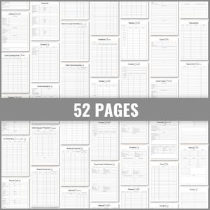 May include: A collection of 52 white pages with various forms for child-related information. Forms include sections for contacts, schedules, expenses, and legal documents. The text "52 PAGES" is displayed in large, bold, white letters.