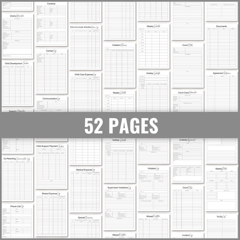 May include: A collection of 52 white pages with various forms for child-related information. Forms include sections for contacts, schedules, expenses, and legal documents. The text "52 PAGES" is displayed in large, bold, white letters.