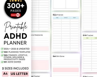 Puede incluir: Planificador ADHD imprimible con más de 300 páginas, incluidos los calendarios 2024 y 2025, plantillas de planificación, finanzas, estilo de vida, estado físico, bienestar, páginas de productividad y juegos de TDAH. El planificador está disponible en dos tamaños: A4 y US Letter.