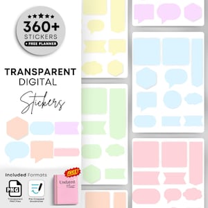 Può includere: Un set di adesivi digitali con varie forme e colori, tra cui fumetti, rettangoli ed esagoni. L'immagine include il testo "TRANSPARENT DIGITAL Stickers" e "360+ STICKERS + FREE PLANNER". Il set include file PNG e un'agenda gratuita non datata.