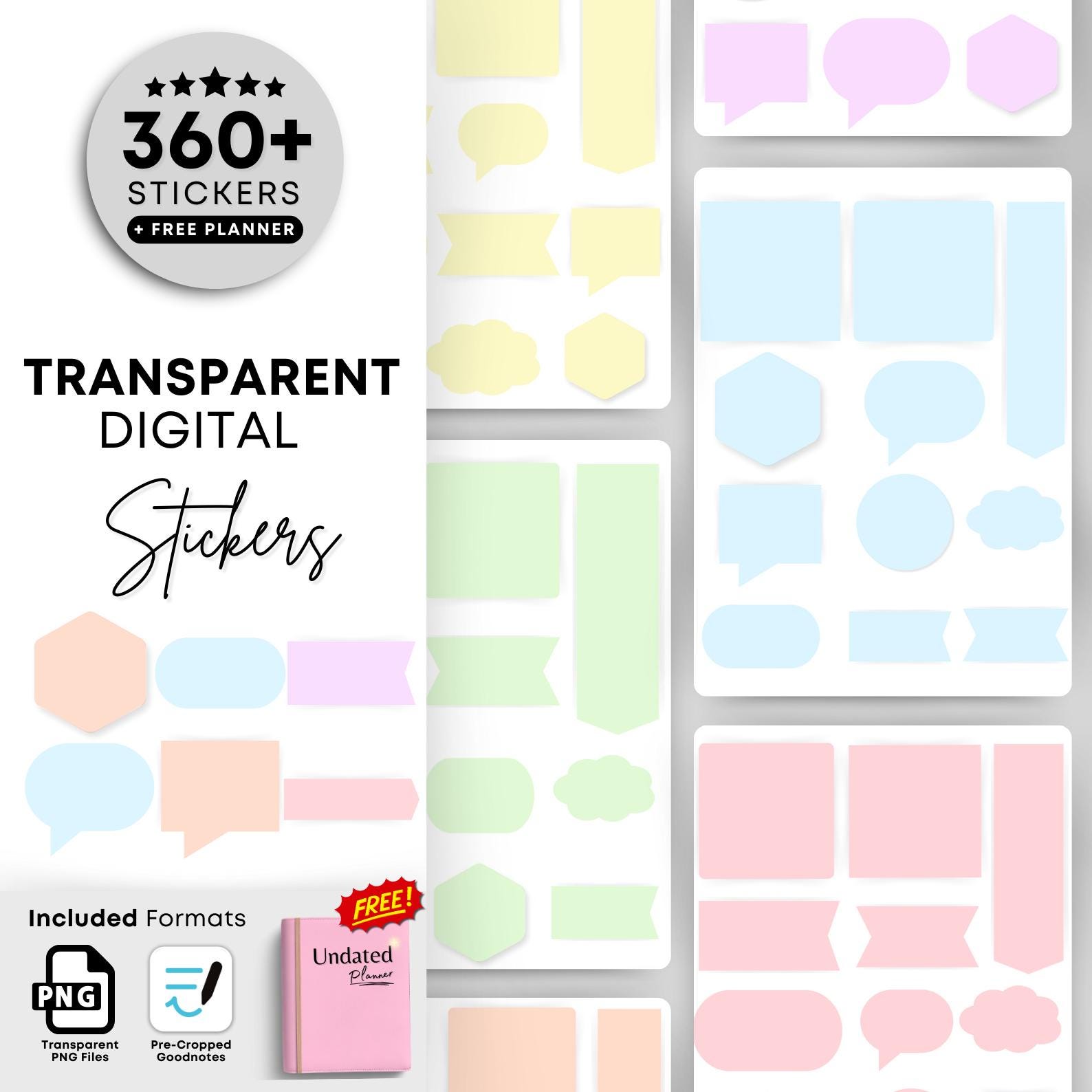 Transparent Digital Stickers for Goodnotes | 360+ Pastel Planner ...