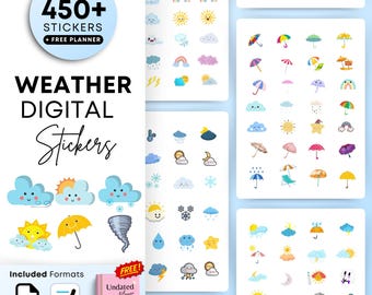 May include: Digital weather stickers featuring various weather elements like clouds, sun, rain, and umbrellas. The stickers are in PNG format and include a free undated planner. The image also includes the text "450+ Stickers + Free Planner" and "Weather Digital Stickers".