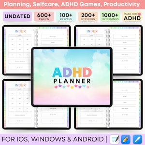 May include: A digital planner app for iOS, Windows, and Android devices. The app is designed to help people with ADHD manage their time and tasks. The app features a colorful design with a rainbow background and hearts. The app includes 600+ pages, 100+ covers, 200+ stickers, and 1000+ hyperlinks.
