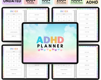 May include: A digital planner app for iOS, Windows, and Android devices. The app is designed to help people with ADHD manage their time and tasks. The app features a colorful design with a rainbow background and hearts. The app includes 600+ pages, 100+ covers, 200+ stickers, and 1000+ hyperlinks.
