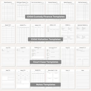 May include: A collection of white paper templates for child custody, visitation, court cases, and notes. The templates include sections for shared expenses, child support, and medical expenses. The text "Child Custody Finance Templates" is visible.