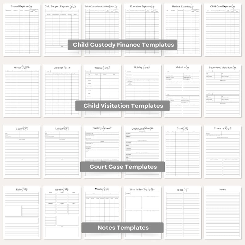 May include: A collection of white paper templates for child custody, visitation, court cases, and notes. The templates include sections for shared expenses, child support, and medical expenses. The text "Child Custody Finance Templates" is visible.