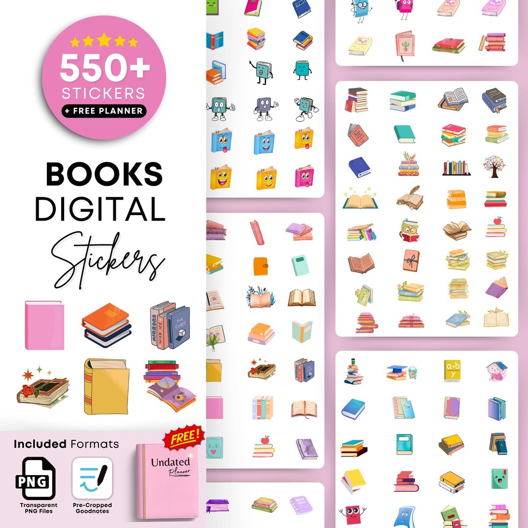 550+ Books Digital Stickers for Goodnotes, Study Planner PNG, Reading ...