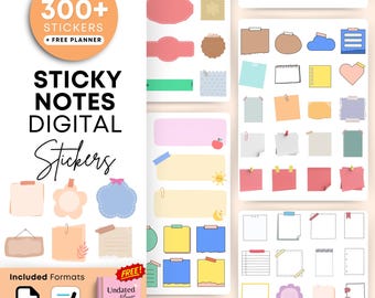 May include: Digital sticky notes in various shapes and colors, including pink, yellow, blue, and brown. The image features a variety of digital stickers, with the text "300+ Stickers" and "Sticky Notes Digital Stickers". Included formats are PNG and pre-cropped Goodnotes.