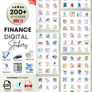 Op de afbeelding: Een set met meer dan 200 kleurrijke digitale stickers met betrekking tot financiën. De stickers bevatten pictogrammen voor betaalpassen, rekeningen, contracten, online bankieren, autoreparatie, huur die verschuldigd is, reparaties, belastingen en meer. De stickers zijn beschikbaar in PNG, PDF en Goodnotes-formaten. De tekst "FINANCE DIGITAL STICKERS" wordt in grote, vetgedrukte letters bovenaan de afbeelding weergegeven.