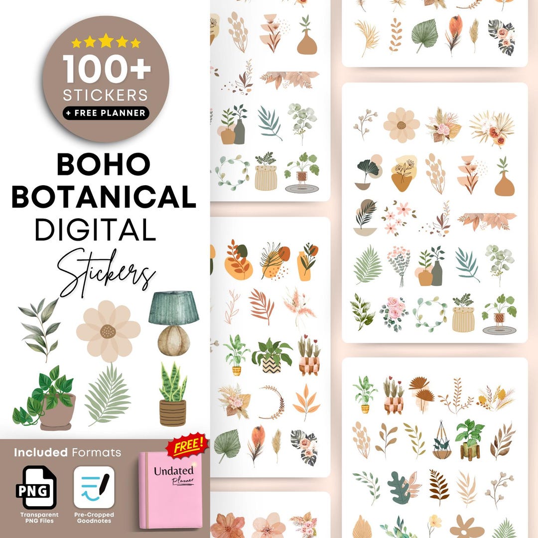 Botanic Blends Sticker Boho Botanical Digital Stickers | 100+ PNG and Goodnotes Stickers ...
