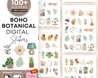 May include: A digital sticker set with a boho botanical theme. The image features various floral and plant illustrations, including leaves, flowers, and potted plants. The set includes over 100 stickers and a free planner. The stickers are available in PNG format.
