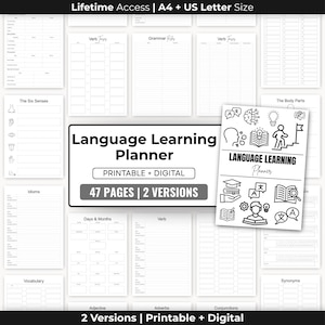 Pode incluir: Um planejador de aprendizado de idiomas branco com o texto "Language Learning Planner" e "Printable + Digital". O planejador inclui páginas para vocabulário, gramática e conjugação de verbos. A imagem também mostra um planejador menor com ícones.