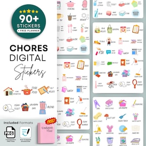 May include: Digital chore stickers with over 90 stickers and a free planner. Includes PNG files and pre-cropped Goodnotes formats. Features icons for cooking, cleaning, laundry, and more. A pink undated planner is also included.