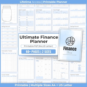 Puede incluir: Un planificador financiero digital con páginas para presupuestos, ahorros y seguimiento de gastos. Disponible en formatos A4 y US Letter. La portada muestra "Ultimate Finance Planner" y un gráfico financiero.