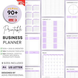 May include: A printable business planner with a purple and white color scheme. The planner includes 90+ pages, 2024 and 2025 calendars, 100+ planning templates, 150+ finance, lifestyle, fitness, wellness and productivity pages. The planner is available in two sizes: A4 and US Letter.