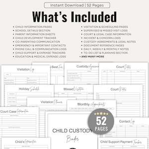 May include: A child custody binder with 52 pages, including child information, visitation logs, and court case information. The binder also includes sections for co-parenting communication and expense trackers. Instant download.