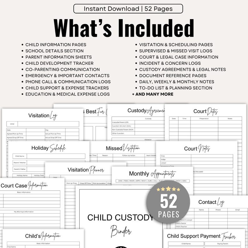 May include: A child custody binder with 52 pages, including child information, visitation logs, and court case information. The binder also includes sections for co-parenting communication and expense trackers. Instant download.