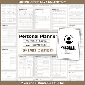 Puede incluir: Una colección de páginas de planificador personal imprimibles, que incluyen plantillas de finanzas, seguimiento de hábitos y planificación diaria. El diseño es en blanco y negro, con el texto "Personal Planner" y "Printable + Digital". Disponible en tamaños A4 y US Letter.