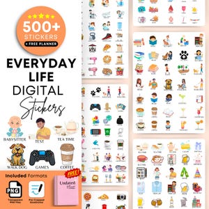 Può includere: Una collezione di adesivi digitali per la vita quotidiana, con icone che rappresentano varie attività come leggere, portare a spasso il cane e bere caffè. L'immagine include il testo "500+ adesivi + pianificatore gratuito".