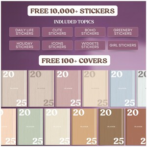 Op de afbeelding: Een digitale planner met meer dan 10.000 stickers en meer dan 100 covers. De planner bevat stickers voor het dagelijks leven, schattige, boho, groen, vakantie, pictogrammen, widgets en meisjes-stickers. De covers zijn in verschillende kleuren, waaronder beige, lichtblauw en groen.