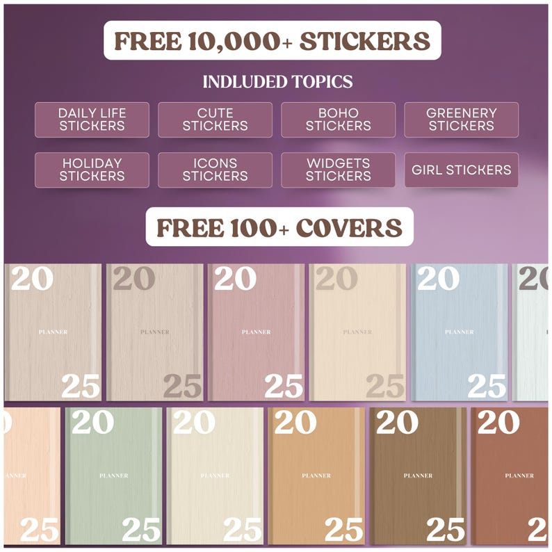 Op de afbeelding: Een digitale planner met meer dan 10.000 stickers en meer dan 100 covers. De planner bevat stickers voor het dagelijks leven, schattige, boho, groen, vakantie, pictogrammen, widgets en meisjes-stickers. De covers zijn in verschillende kleuren, waaronder beige, lichtblauw en groen.