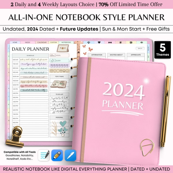 All-in-One Digital Planner 2024, 2025, 2026, Undated Digital Planner, Digital Journal, Digital Goodnotes Template, Notability, Daily Planner