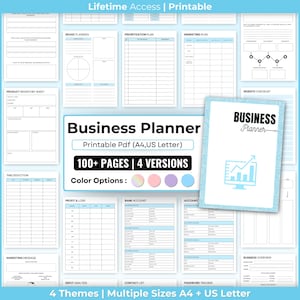 May include: A blue and white business planner with a computer monitor icon and the text "Business Planner" on the cover. The planner includes 100+ pages and 4 versions. It also has color options, 4 themes, and multiple sizes.