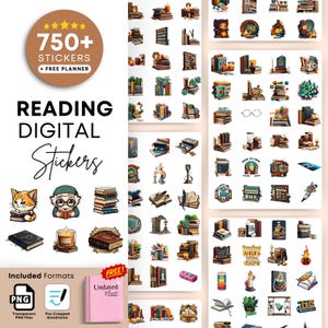 May include: A digital sticker set with a reading theme, featuring illustrations of books, candles, cats, and reading glasses. The set includes over 750 stickers and a free planner. The stickers are available in PNG format.