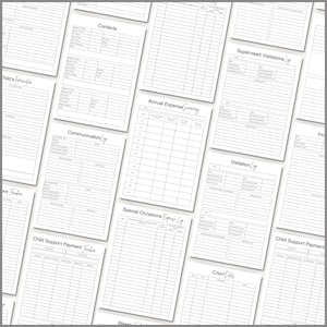 May include: A collection of white paper pages with various forms and logs, including "Contacts," "Communication Log," and "Annual Expense Summary." The pages are arranged at different angles, creating a layered effect. The text is in black.