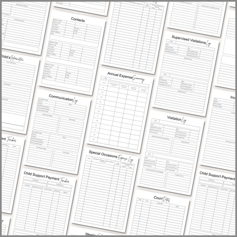 May include: A collection of white paper pages with various forms and logs, including "Contacts," "Communication Log," and "Annual Expense Summary." The pages are arranged at different angles, creating a layered effect. The text is in black.