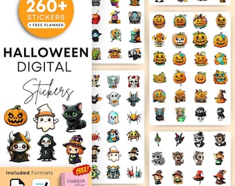 Halloween Digital Stickers Bundle | 260+ Cute , Spooky PNG & GoodNotes Stickers | Digital Planner Halloween Clipart