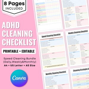 Editable ADHD Cleaning Checklists, Cleaning Tips and Strategies & Speed-Cleaning Printable Guide, Daily, Weekly, Monthly Cleaning Schedule