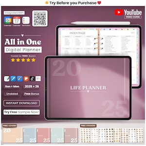 Puede incluir: Un planificador digital con una portada rosa y blanca con el texto "LIFE PLANNER" y los números "20" y "25". El planificador incluye un calendario, una página de índice y pegatinas gratis. El planificador está disponible para descarga instantánea.