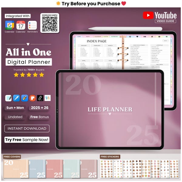 All-in-One Digital Planner 2024, 2025, 2026, Undated Digital Planner, Digital Journal, Digital Goodnotes Template, Notability, Daily Planner
