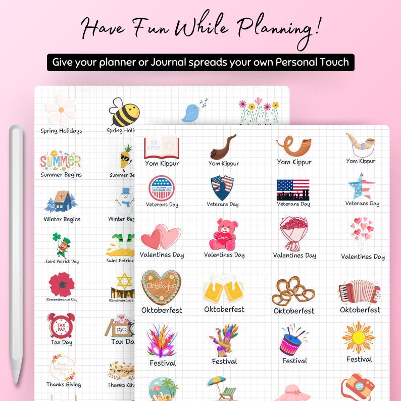 May include: A set of colorful planner stickers featuring various holidays and events throughout the year. The stickers include images such as a bee, a heart, a pretzel, a star, and a snowman. The text on the stickers includes "Spring Holidays", "Summer Begins", "Veterans Day", "Valentines Day", "Oktoberfest", "Festival", and "Tax Day".