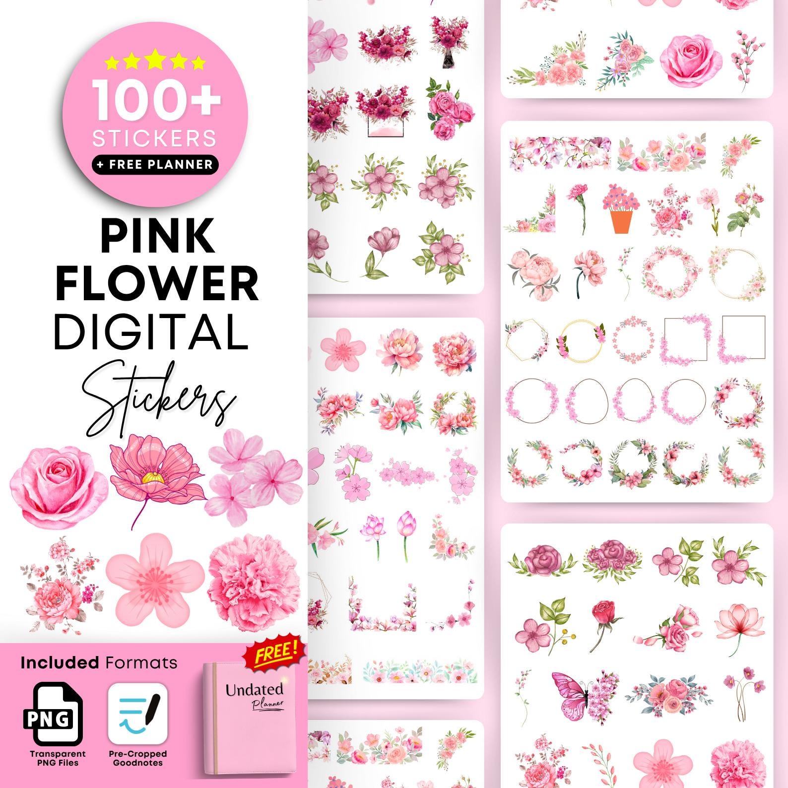 100+ Pink Flower Digital Stickers for Goodnotes & PNG | Aesthetic ...