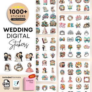 May include: A selection of digital stickers with a wedding theme, featuring illustrations of couples, rings, cakes, and floral arrangements. The image includes the text "1000+ Stickers + Free Planner" and "Wedding Digital Stickers."