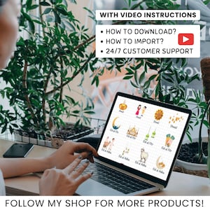 May include: A laptop screen displaying a variety of colorful icons representing different holidays, including Diwali, Eid al-Fitr, and Eid al-Adha. The text "WITH VIDEO INSTRUCTIONS" is at the top of the screen, followed by bullet points with the text "HOW TO DOWNLOAD?", "HOW TO IMPORT?", and "24/7 CUSTOMER SUPPORT". The text "FOLLOW MY SHOP FOR MORE PRODUCTS!" is at the bottom of the image.