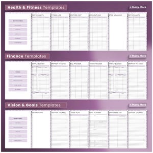 Op de afbeelding: Een set printbare planner-sjablonen voor gezondheid en fitness, financi&euml;n en visie en doelen. De sjablonen zijn georganiseerd in drie secties met koppen voor elke categorie. Elk sjabloon heeft een titel en een raster van lijnen om op te schrijven.