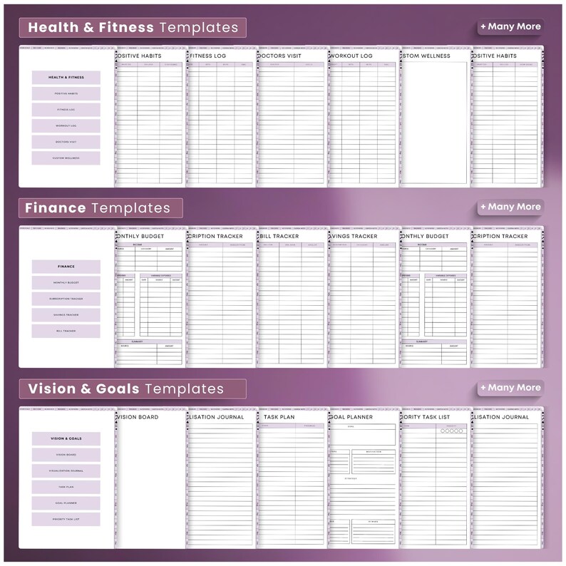 Op de afbeelding: Een set printbare planner-sjablonen voor gezondheid en fitness, financi&euml;n en visie en doelen. De sjablonen zijn georganiseerd in drie secties met koppen voor elke categorie. Elk sjabloon heeft een titel en een raster van lijnen om op te schrijven.