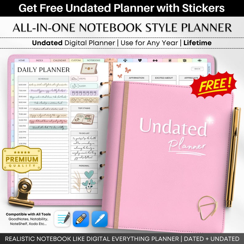 May include: A pink undated digital planner with a gold spiral binding. The planner has a white cover with the text "Undated Planner" in white. The planner is compatible with digital note-taking apps like GoodNotes, Notability, NoteShelf, and Xodo.